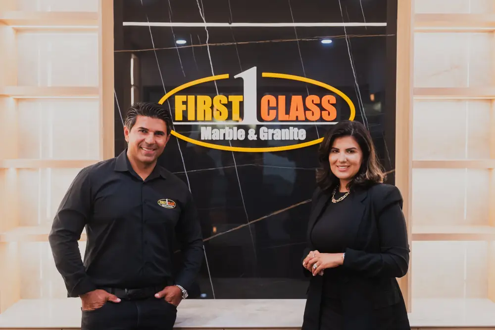 Founders Leo and Angelica dos Santos in the First Class Marble & Granite showroom