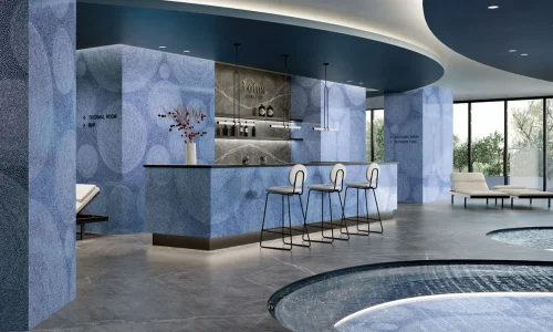 Infinity – Holos Aegean Blue countertop installed (photo: Infinity Surfaces)