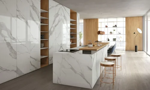 Infinity – Classic Statuario (Satin) countertop installed (photo: Infinity Surfaces)