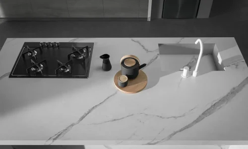 Infinity – Extra Statuario (Satin) countertop installed (photo: Infinity Surfaces)