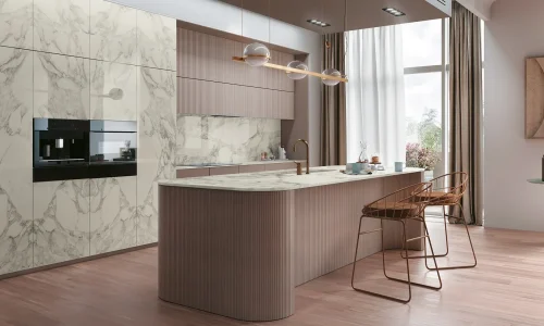 Infinity - Calacatta Magnifico (Satin) countertop installed (photo: Infinity Surfaces)
