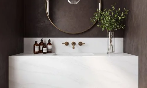 Ultra Quartz - Calacatta Eiffel countertop installed (photo: Ultra Stones)